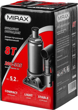 Домкрат гидравлический бутылочный, 8т, 200-385 мм, MIRAX 43260-8 43260-8 купить в Уфе