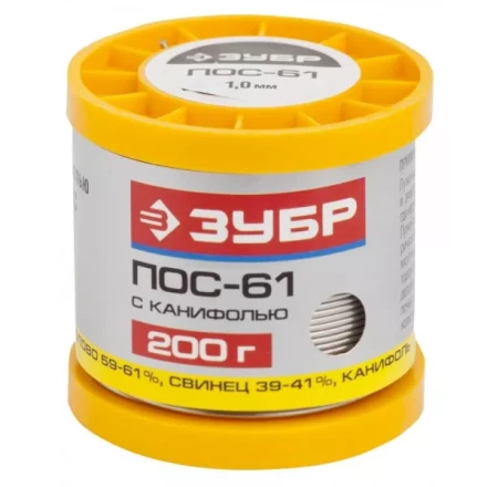 Припой ЗУБР, ПОС 61, трубка с канифолью, 200г, 1мм 55450-200-10C купить в Уфе