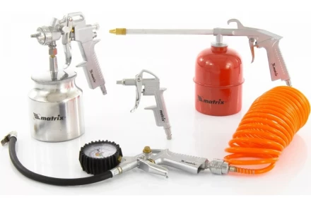 Набор пневмоинструмента 5 предметов быстросъемное соединение, краскораспылитель с нижним бачком MATRIX 57302 купить в Уфе