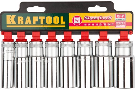Набор KRAFTOOL &quot;EXPERT QUALITAT&quot; Торцовые головки &quot;SUPER LOCK&quot; удлин, 1/2&quot;, 16-27мм, 8 предметов 27865-H8_z01 купить в Уфе