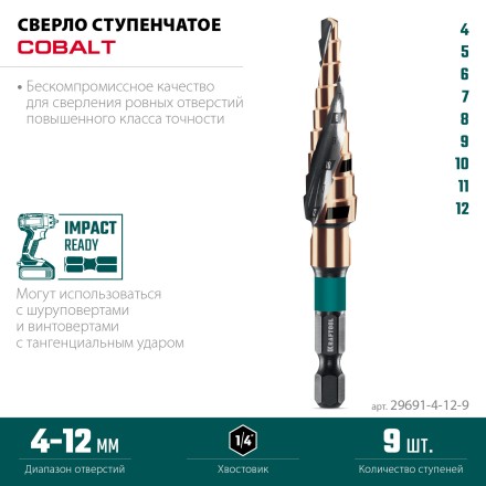 Ступенчатое сверло, сталь c кобальтом, спиральная проточка, НЕХ хвостовик 29691-4-12-9 купить в Уфе
