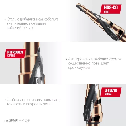 Ступенчатое сверло, сталь c кобальтом, спиральная проточка, НЕХ хвостовик 29691-4-12-9 купить в Уфе