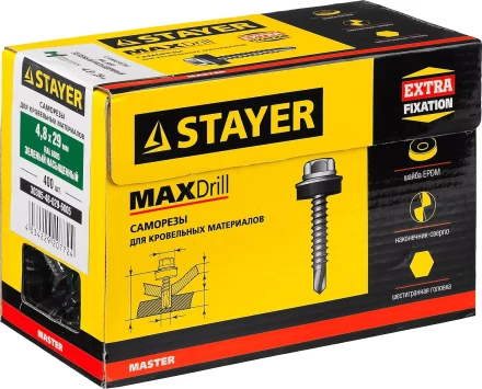 Саморезы СКД кровельные, RAL 6005 зеленый насыщенный, 29 x 4.8 мм, 400 шт, для деревянной обрешетки, STAYER 30305-48-029-6005 купить в Уфе