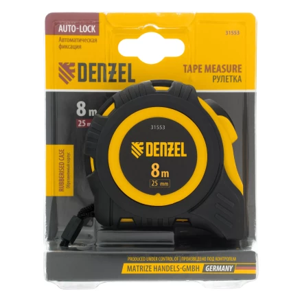 Рулетка Denzel 8м х 25мм, обрезиненный корпус, автоматическая фиксация 31553 купить в Уфе