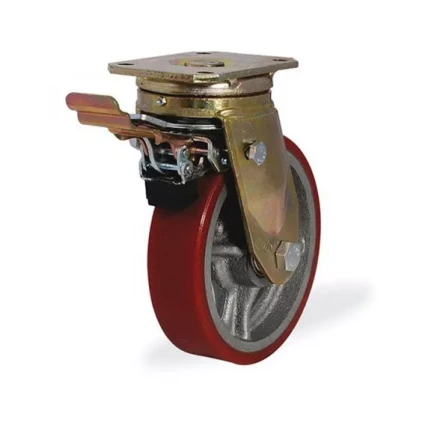 Колесо большегрузное поворотное KAMA 250 мм чугунное/полиуретан с тормозом 1026482 купить в Уфе