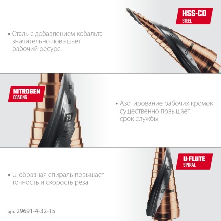 Ступенчатые сверла, сталь c кобальтом, спиральная проточка, НЕХ хвостовик 29691-4-32-15 купить в Уфе