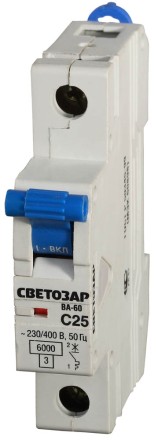 Выключатель автоматический СВЕТОЗАР 1-полюсный, 25 A, &quot;C&quot;, откл. сп. 6 кА, 230 / 400 В SV-49061-25-C купить в Уфе