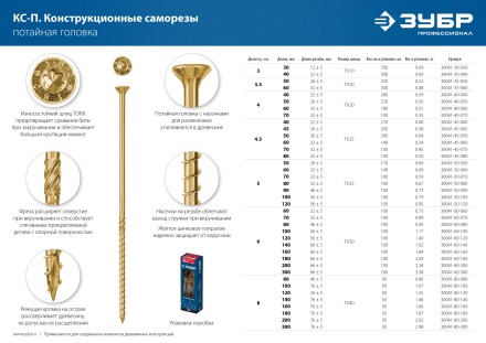 ЗУБР КС-П, 70 х 4.5 мм, TX25, потайная головка, желтый цинк, 100 шт, конструкционный саморез, Профессионал (30041-45-070) купить в Уфе