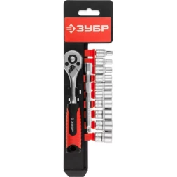 Набор ЗУБР "МАСТЕР": Торцовые головки (1/4") на пластиковом рельсе, трещотка, удлинитель, Cr-V, 4-13мм, 12 предметов 27645-H12