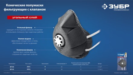 ЗУБР ФГ-95 коническая с угольным слоем, класс защиты FFP2, с клапаном выдоха, фильтрующая полумаска (11168-2) купить в Уфе