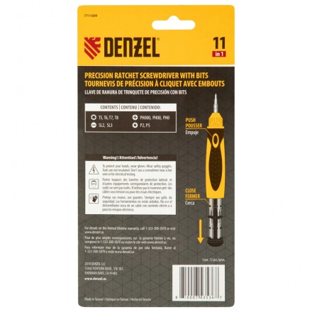 Отвертка реверсивная Denzel 7711609, механизм SmartPush mini 11 шт, CrMo купить в Уфе
