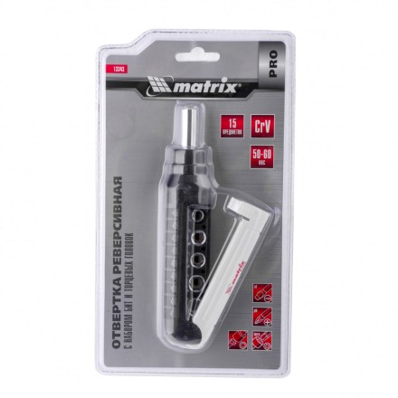 Отвертка реверсивная с набором бит и торцевых головок 15 шт CrV Matrix Pro 13343 купить в Уфе