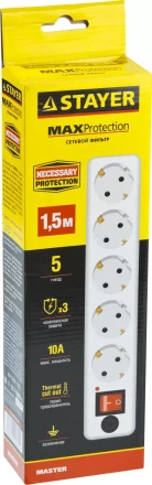 Сетевой фильтр STAYER &quot;MASTER&quot; электрический, 5 гнезд, макс. мощн. 2200 Вт, 1.5м 55066-1.5 купить в Уфе
