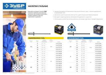 Заклепки ЗУБР стальные, 4,0x8мм, 500шт 31313-40-08 купить в Уфе