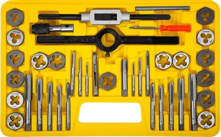 Набор метчиков и плашек STAYER &quot;MASTER&quot;, плашки 17шт, метчики 17шт, метчикодерж. 2шт, плашкодерж. 1шт, резьбомер 1шт, отвертка 1шт, 40 предметов 2805-H40_z01 купить в Уфе