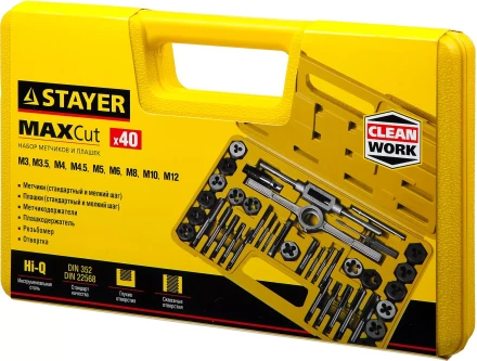 Набор метчиков и плашек STAYER &quot;MASTER&quot;, плашки 17шт, метчики 17шт, метчикодерж. 2шт, плашкодерж. 1шт, резьбомер 1шт, отвертка 1шт, 40 предметов 2805-H40_z01 купить в Уфе