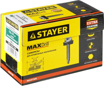 Саморезы СКД кровельные, RAL 6005 зеленый насыщенный, 51 х 4.8 мм, 250 шт, для деревянной обрешетки, STAYER 30305-48-051-6005 купить в Уфе