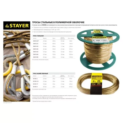 Трос стальной в полимерной оболочке, d=2,5 мм, L=200 м, STAYER Master 30410-25 30410-25