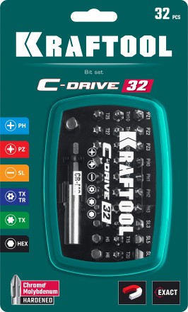 Набор бит и адаптеров KRAFTOOL C-Drive многофункциональный, Cr-Mo сталь, в ударопрочном компактном боксе. Цветная маркировка типов шлицов 26067-H32 купить в Уфе