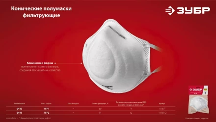 ЗУБР Ф-95, класс защиты FFP2, коническая, фильтрующая полумаска (11169-2) купить в Уфе