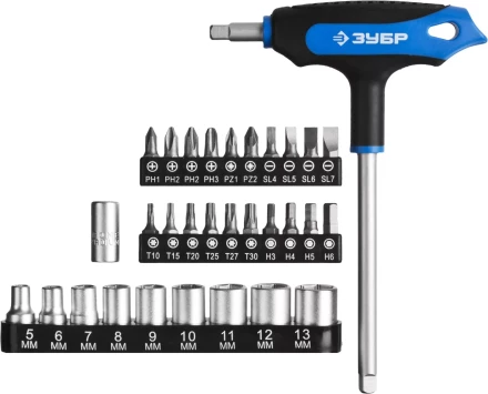 Набор ЗУБР &quot;ЭКСПЕРТ&quot;: Отвертки, битодержатель с Т-образной двухкомпонентной рукояткой, Cr-V, 31 предмет 25236-H30_z01 купить в Уфе