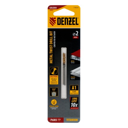 Сверло спиральное по металлу Denzel 2 x 49 мм, Р6М5, Golden Tip , 2шт., 718223 купить в Уфе