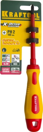 Отвертка KRAFTOOL, высоковольтная, Cr-Mo-V стержень, двухкомпонент. маслобензостойкая рукоятка, PH №2, 100мм 250084-2-100 купить в Уфе