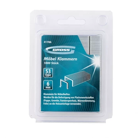 Скобы 6 мм для мебельного степлера усиленные тип 53 1000 шт GROSS 41706 купить в Уфе