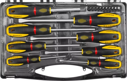 Набор STAYER &quot;PROFESSIONAL&quot; &quot;PROTech&quot;: Отвертки, Cr-Mo, двухком рукоят, отвертки 7шт, отвертка-битодержатель, биты 10шт 25133-H8_z02 купить в Уфе