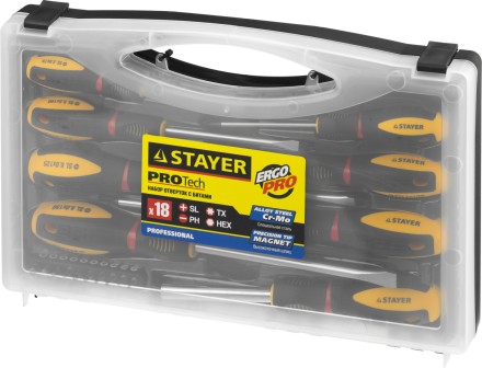 Набор STAYER &quot;PROFESSIONAL&quot; &quot;PROTech&quot;: Отвертки, Cr-Mo, двухком рукоят, отвертки 7шт, отвертка-битодержатель, биты 10шт 25133-H8_z02 купить в Уфе