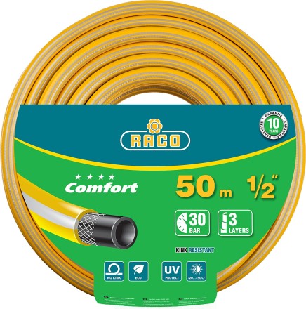 Шланг RACO &quot;COMFORT&quot; поливочный, 30атм., армированный, 3-х слойный, 1/2&quot;х50м 40303-1/2-50 купить в Уфе