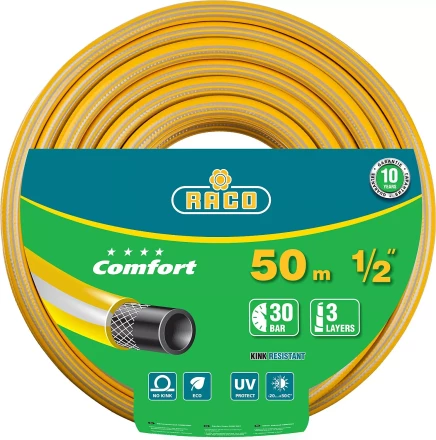 Шланг RACO "COMFORT" поливочный, 30атм., армированный, 3-х слойный, 1/2"х50м 40303-1/2-50 купить в Уфе