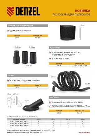 Комплект адаптеров для подключения пылесоса к электроинструменту 32-35-38 мм Denzel 28218 купить в Уфе