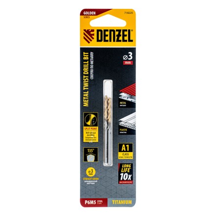 Сверло спиральное по металлу 3 x 60 мм, Р6М5, Golden Tip , 2шт. Denzel 718225 купить в Уфе