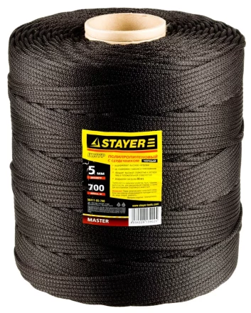 Шнур STAYER &quot;MASTER&quot; хозяйственно-бытовой, полипропиленовый, вязанный, с сердечником, черный, d 5, катушка 700м 50411-05-700 купить в Уфе