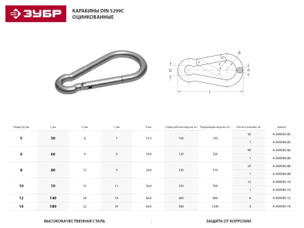 Карабин ЗУБР "МАСТЕР" DIN 5299С, оцинкованный, 14мм, 4 шт 4-304545-14 купить в Уфе
