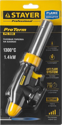 Газовая горелка &quot;ProTerm&quot; на баллон, STAYER &quot;PROFESSIONAL&quot; 55580, с пьезоподжигом, регулировка пламени, цанговое соединение, 1300С 55580 купить в Уфе