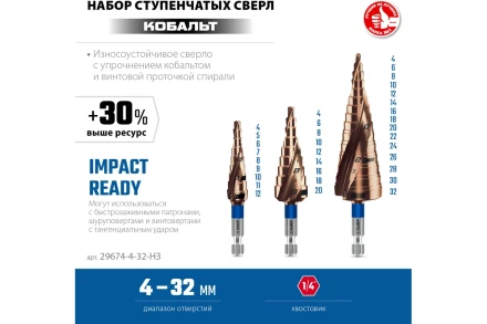 ЗУБР КОБАЛЬТ 3 шт, 4-32мм, винтовая проточка, набор ступенчатых сверл, ПРОФЕССИОНАЛ (29674-4-32-H3) купить в Уфе
