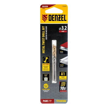 Сверло спиральное по металлу 3,2 x 65 мм, Р6М5, Golden Tip , 2шт. Denzel 718226 купить в Уфе