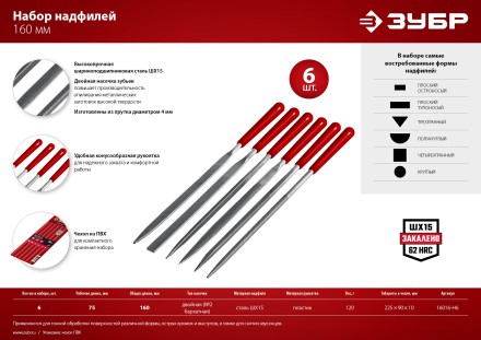 ЗУБР 6 шт, 160 мм, в чехле, с ручками набор надфилей (16016-H6) купить в Уфе