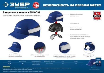 ЗУБР БИНОМ, синяя, ударопрочный корпус, укороченный козырёк 55 мм, размер от 54 до 59 см, защитная каскетка, Профессионал (11095) купить в Уфе
