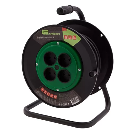 Удлинитель силовой 30 м Сибртех 95863, 16А, тип УХ10, ПВС, на кабельной катушке, 4 розетки без заземления купить в Уфе