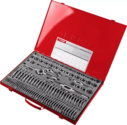 Набор ЗУБР &quot;ЭКСПЕРТ&quot; с метал.реж. инстр.,метчики однопроход. для глух. и сквоз. отв.,плашки,оснаст.-в мет. бокс 110пред. 28119-H110 купить в Уфе