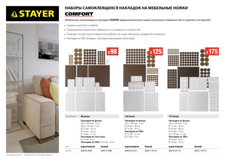 Набор STAYER &quot;COMFORT&quot;: Накладки самоклеящиеся на мебельные ножки, 125 шт, коричневые 40916-H125 купить в Уфе