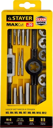 Набор метчиков и плашек STAYER &quot;MASTER&quot;, метчикодержатель 1шт, плашкодержатель 1шт, метчики 9шт, плашки 9шт, 20 предметов 28012-H20 купить в Уфе