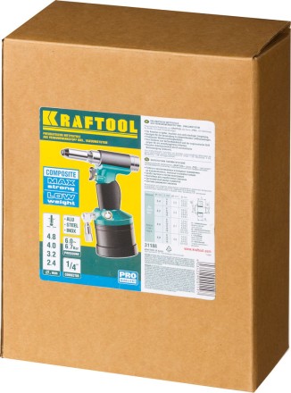 Заклепочник пневматический, KRAFTOOL 31188, корпус из композит материалов, для заклепок из нержав стали, 2,4-3,2-4-4,8мм 31188 купить в Уфе