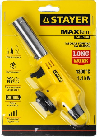 Газовая горелка &quot;MaxTerm&quot; на баллон, STAYER &quot;MASTER&quot; 55584, с пьезоподжигом, регулировка пламени, цанговое соединение, 1300С 55584 купить в Уфе