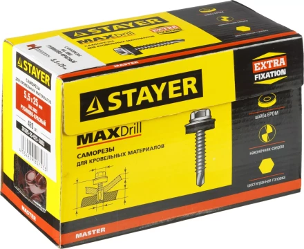 Саморезы СКМ кровельные, RAL 3003 рубиново-красный, 25 x 5.5 мм, 420 шт, для металлических конструкций, STAYER 30305-55-025-3003 купить в Уфе