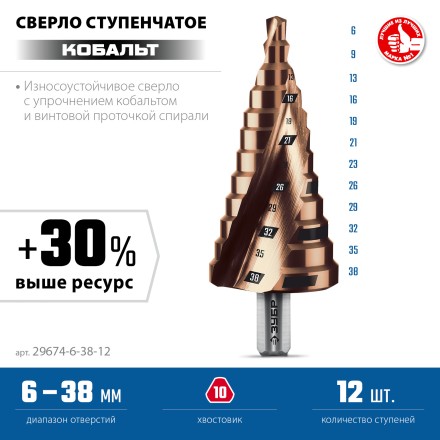 ЗУБР КОБАЛЬТ 6-38мм, 12 ступеней, винтовая проточка, сверло ступенчатое, ПРОФЕССИОНАЛ (29674-6-38-12) купить в Уфе