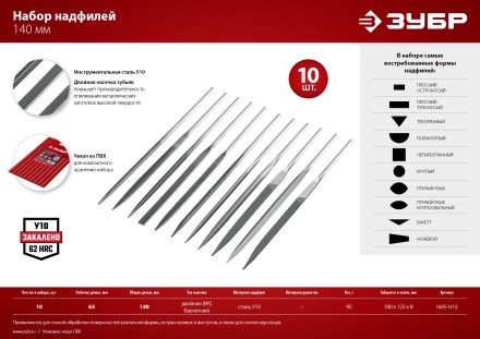 ЗУБР 10 шт, 140 мм, набор надфилей в чехле (1605-H10) купить в Уфе